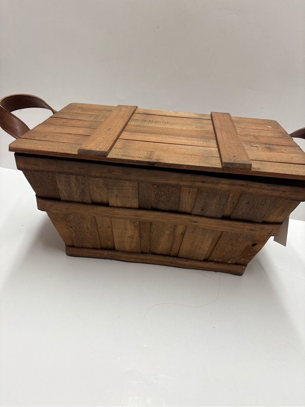 Decorative Wood Crate Basket with Lid Faux Leather Handles